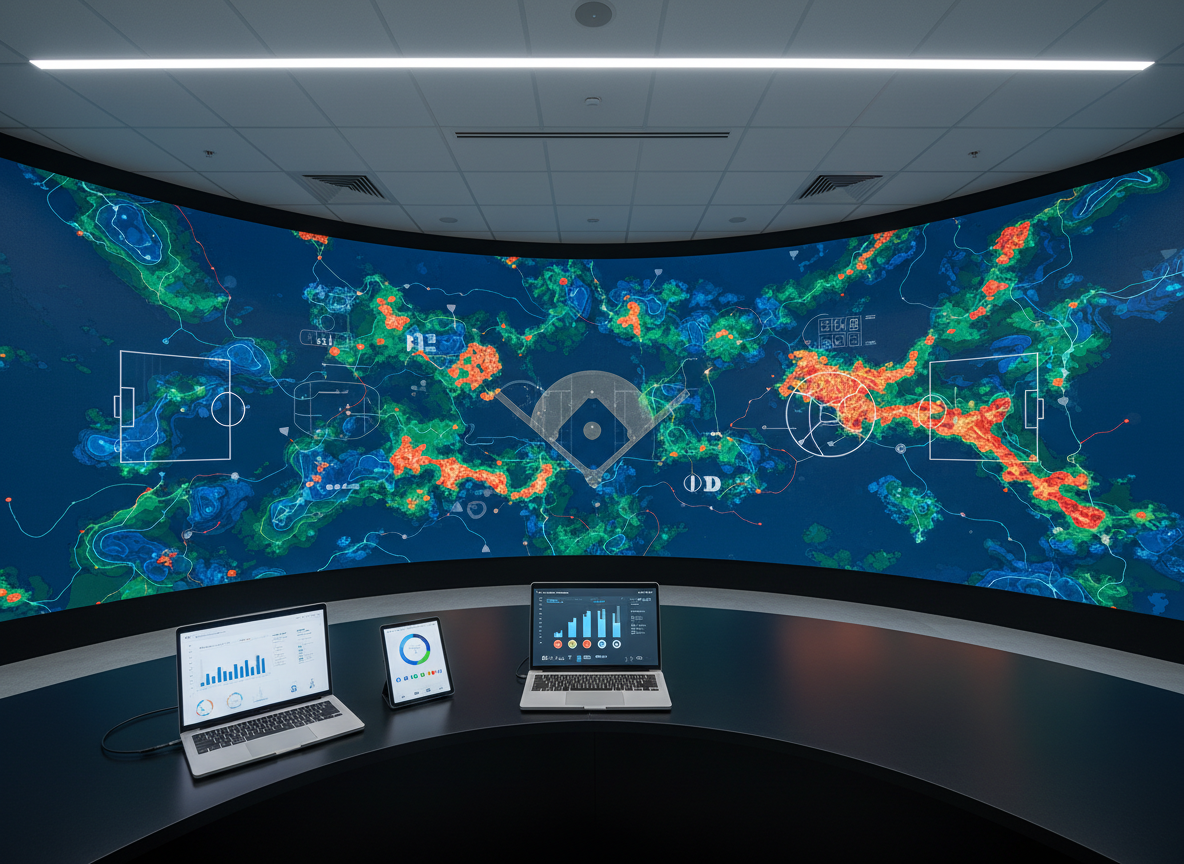 A wide-angle photographic realism shot of a pristine, empty indoor sports analytics studio overlooking a large LED wall filled with abstract, text-free charts and heatmaps in blue, green, and orange. Transparent silhouettes of baseball diamonds, soccer pitches, and basketball courts float subtly in the design, suggesting multiple sports without showing any players. Cool, diffused overhead lighting reflects softly off a sleek matte-black desk in the foreground, where a silver laptop and a tablet display simplified, non-readable data visuals. The mood is professional and analytical, with a clean and modern aesthetic. Captured at eye level with sharp focus throughout, emphasizing the sophisticated environment where data-driven matchup insights are created.